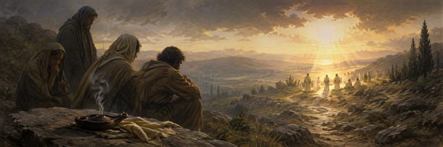 Mourners gather near an extinguished lamp while peaceful figures stand beyond them in a luminous dawn